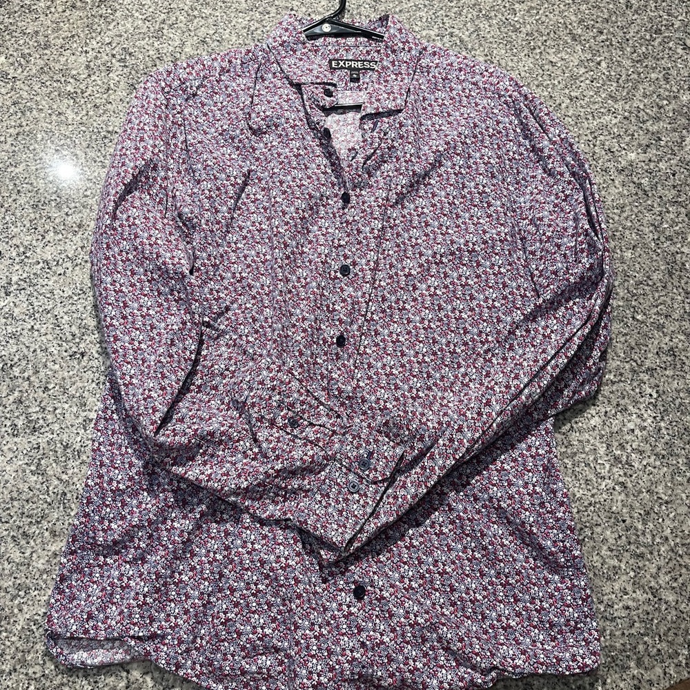 Express Purple Casual Button Down Shirt with Floral Print